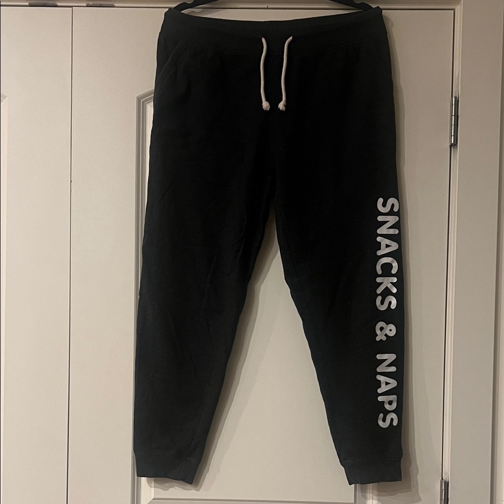 Black Joggers with White Drawstring and Text